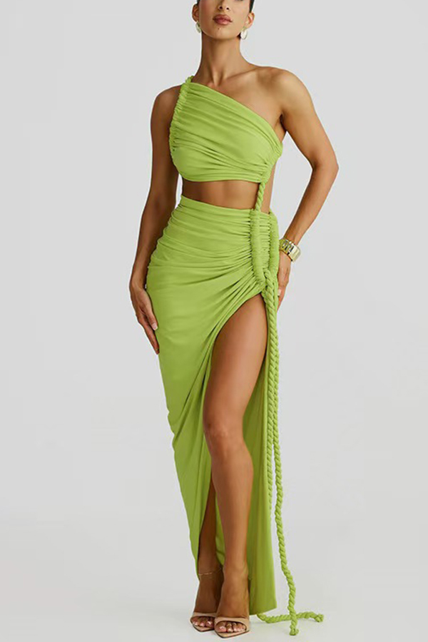 Juliana Rope Detail Ruched One Shoulder Cutout Stretch Maxi Dress-consonak