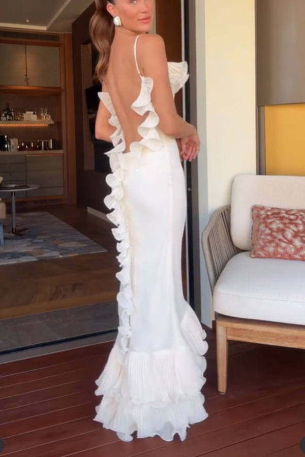 Alisin Pleated Chiffon Wavy Ruffles Trim Slip Maxi Dress-consonak