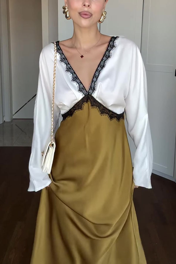 Lainei Contrast Color Satin Lace Trim V-neck Long Sleeve Maxi Dress-consonak