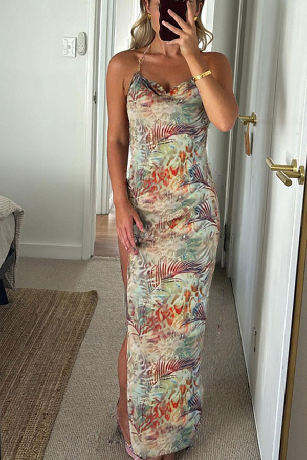 Floral Print Sexy Backless Slit See-Through Holiday Maxi Dress-consonak