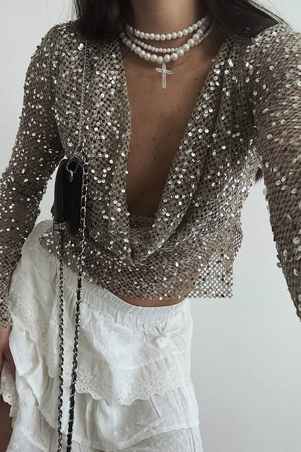 Fashionable Sequined Fishnet Casual Long-sleeved Top