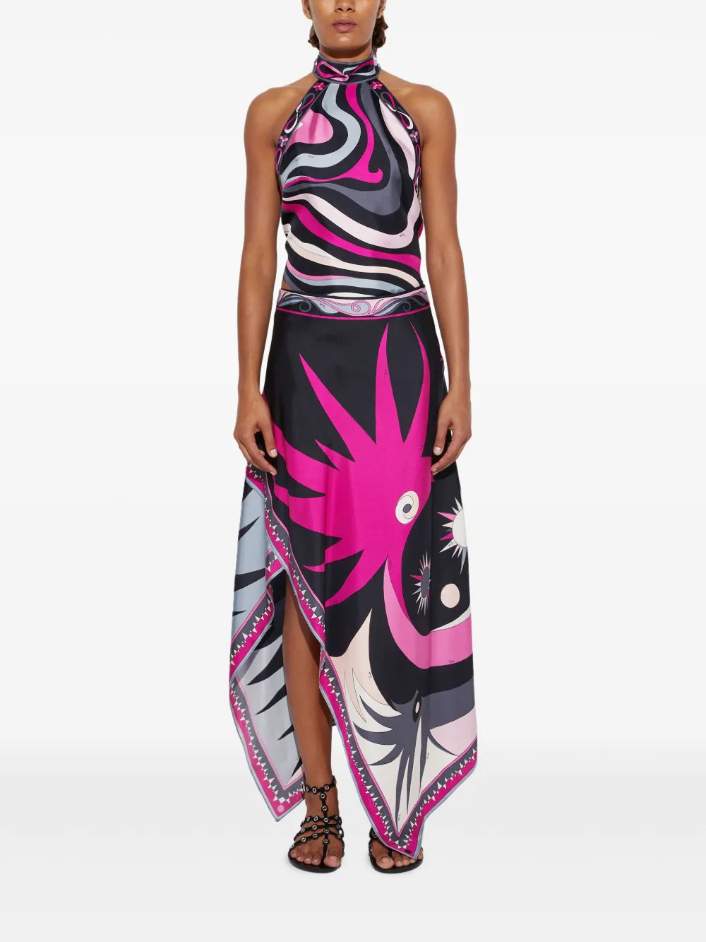 Satin Unique Print Halter Top and Irregular Midi Skirt Set-consonak