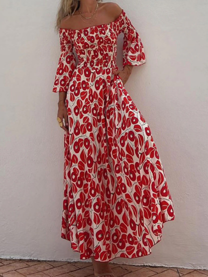 Ladies' Vacation Flower Street Elegant Printed Off Shoulder Waist Pocket Long Dress-consonak