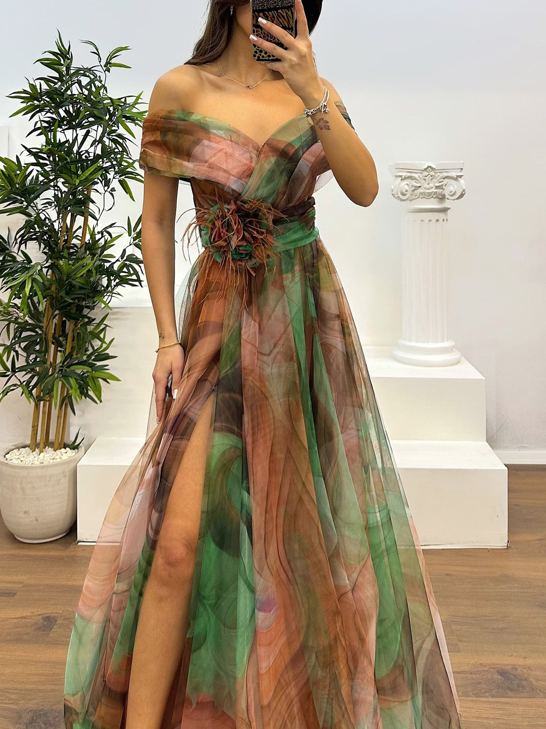 Fairy Flower Feather Pendant Elegant Fallen Fold Off Shoulder Party Split Design Long Dress-Consonak