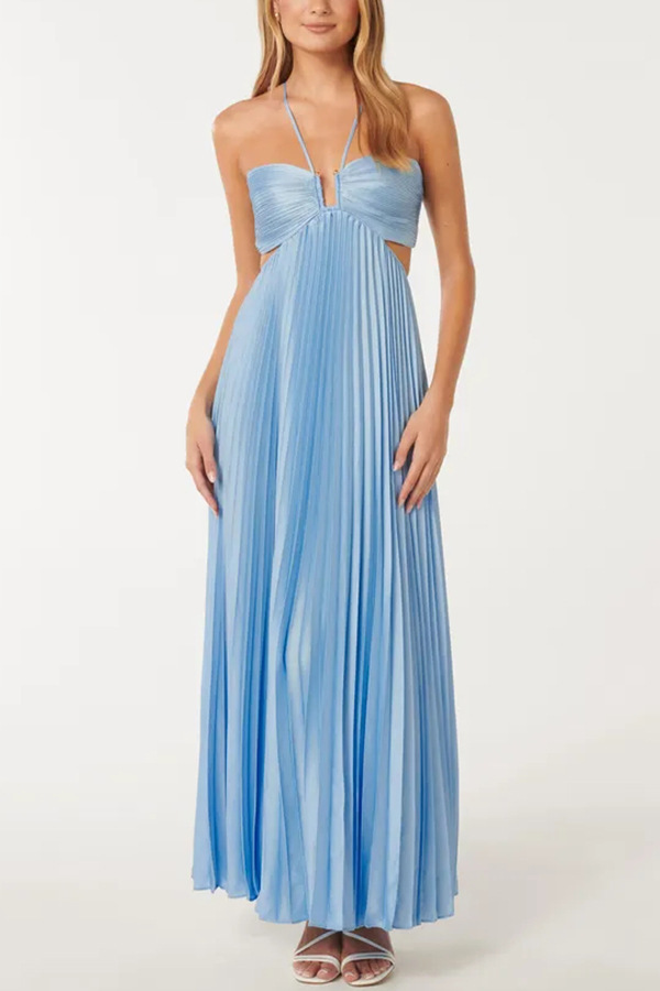Caught Your Eye Satin Pleated Cross Straps Cutout Flowing Maxi Dress-consonak