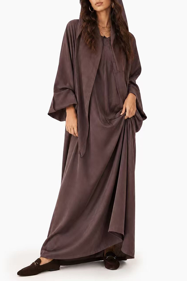 Open Front Black Satin Abaya Set Matching Hijab Modest Maxi Dress for Women