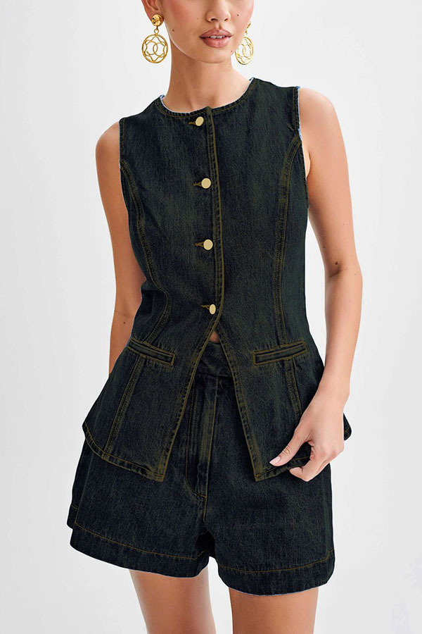 Abel Denim Button Up Princess Seams Pocket Vest Top-consonak