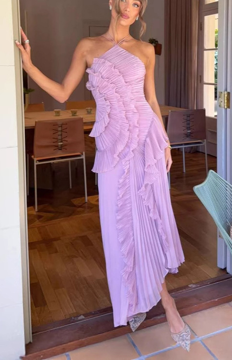 Dream Ode Lily Pad Style Pleats and Ruffles Halter Gown Maxi Dress-consonak