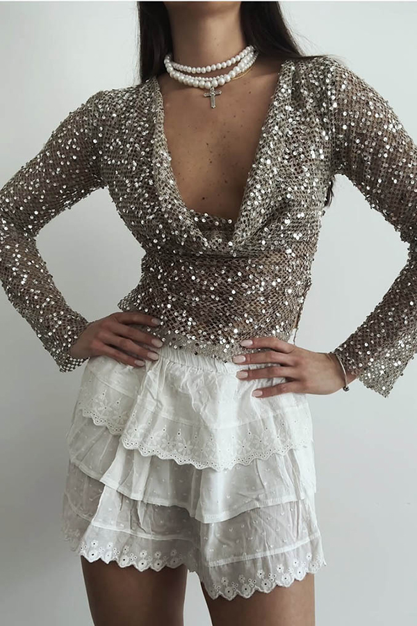 Fashionable Sequined Fishnet Casual Long-sleeved Top