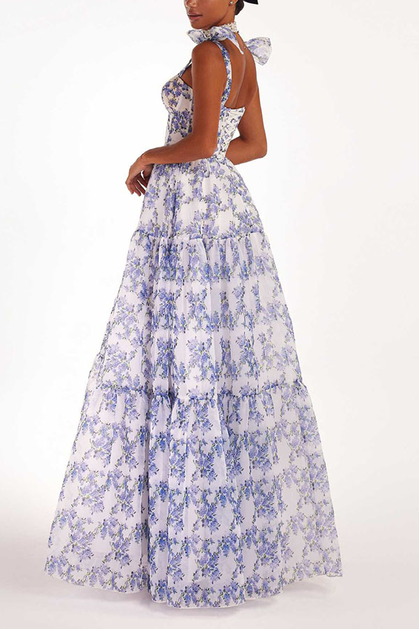 Fairytale Itself Organza Floral Print Tie Strap Maxi Dress | Consonak