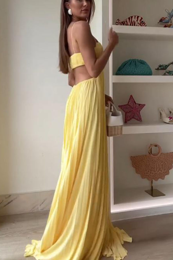 Butter Moment Pleated Cutout Waist A-line Slip Maxi Dress-consonak