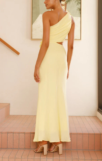 Bloom Summer 3d Flower Ruched One Shoulder Cutout Maxi Dress-consonak