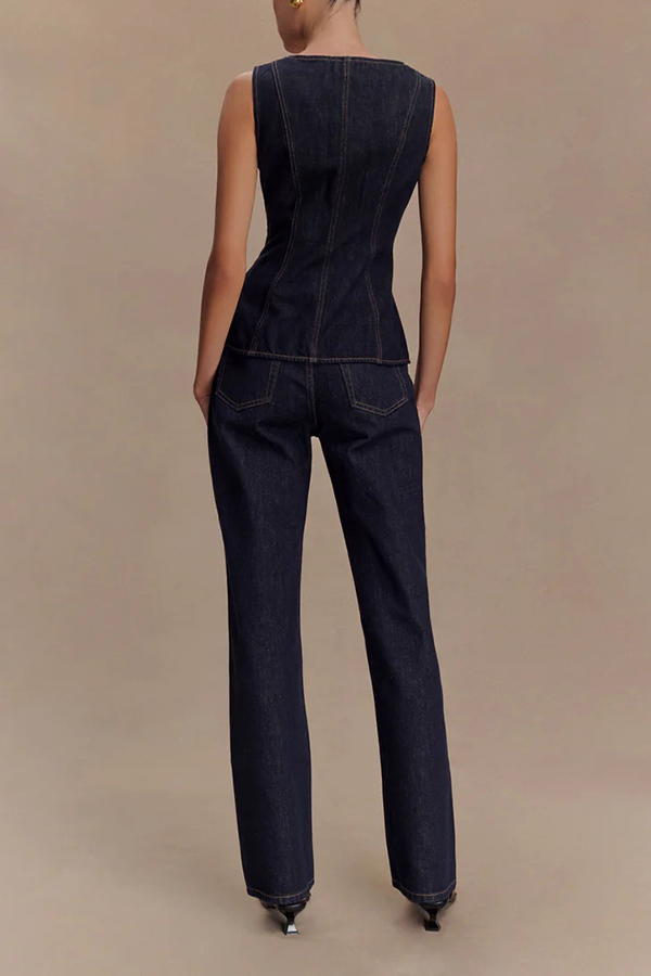 Stassi Denim High Waist Pocketed Straight Leg Jeans-consonak