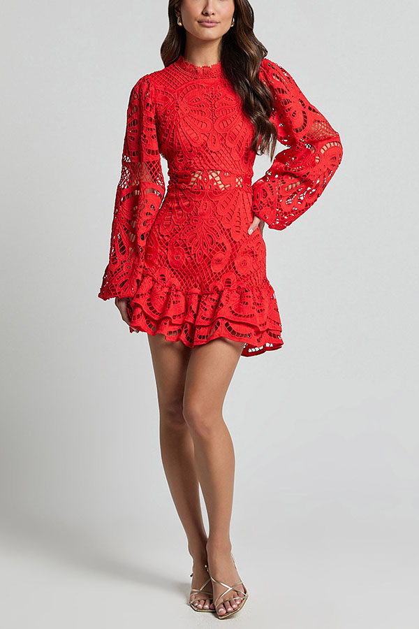 Solid Color Hollow Long-sleeved Waisted Lace Mini Dress-consonak