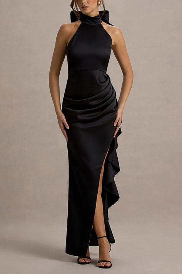 Maureen Satin High Neck Ruched Ruffle Slit Draped Maxi Dress-consonak