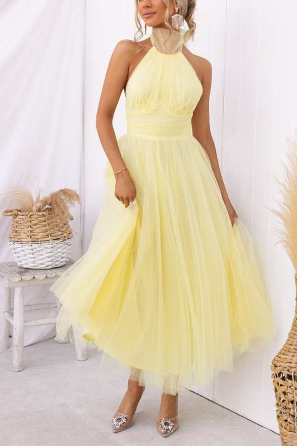 Fairy Vibes Tulle Gathered Detail Halter Maxi Dress-consonak