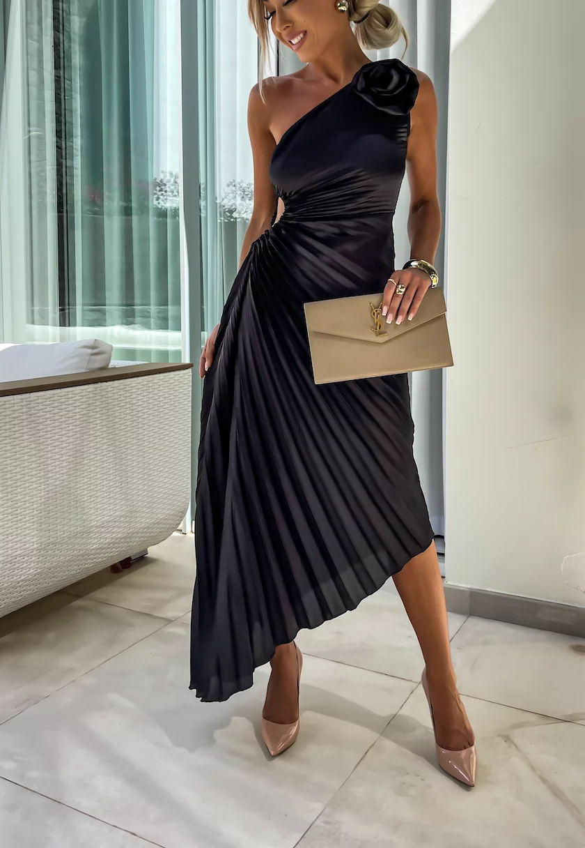 Romantic Nights Satin Raised Flower Elastic Cutout One Shoulder Pleated Maxi Dress-consonak