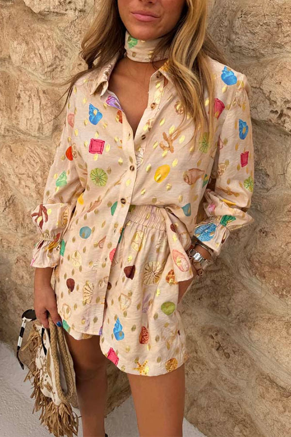 Fashionable Gold Stamping Unique Printing Lapel Long Sleeve Shirt and Elastic Waist Casual Pocket Shorts Set-consonak