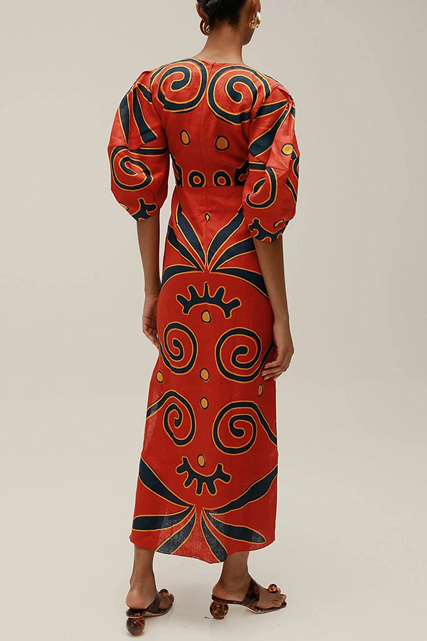 Kaya Linen Blend Color Block Print Front Cutout Knot Puff Sleeve Maxi Dress | Consonak