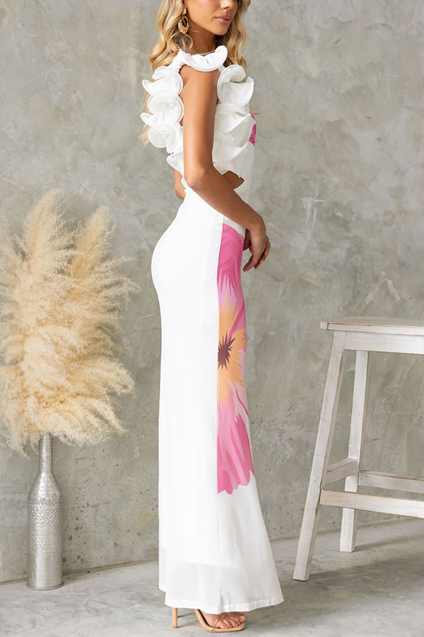 Floral Print One-shoulder Fitted Mesh Maxi Dress-consonak