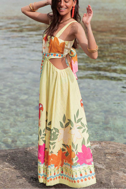 Resort Style Unique Print Sexy Square Neck Backless Waist Maxi Dress-consonak