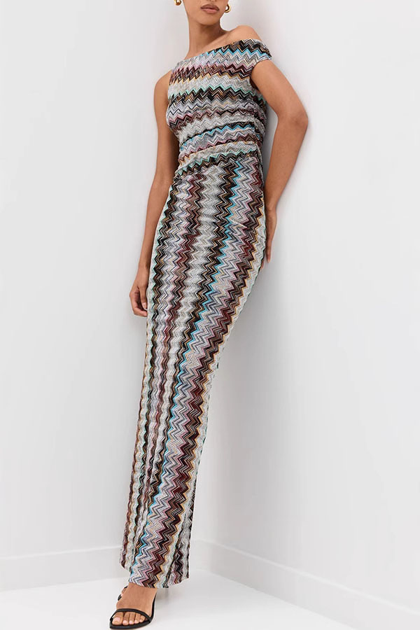 Cocktails and Vacation Knit Colorful Zigzag Pattern One Shoulder Slit Maxi Dress-consonak