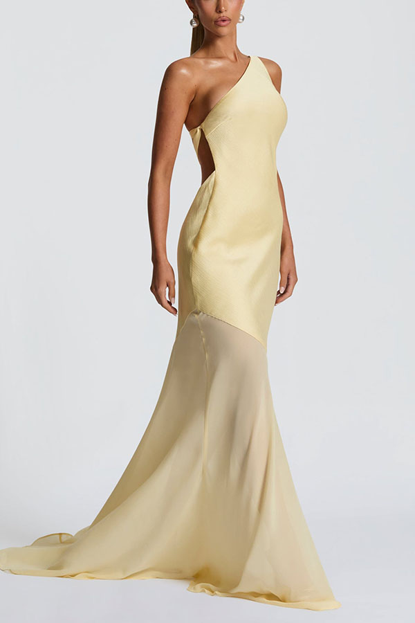 Fable Satin One Shoulder Back Adjustable Straps Contrast Chiffon Hem Maxi Dress | Consonak