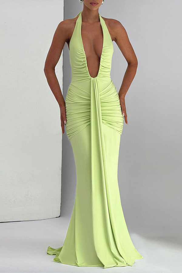 Solid Color Elegant Halterneck V-neck Open Back Tie Gathered Maxi Dress-consonak