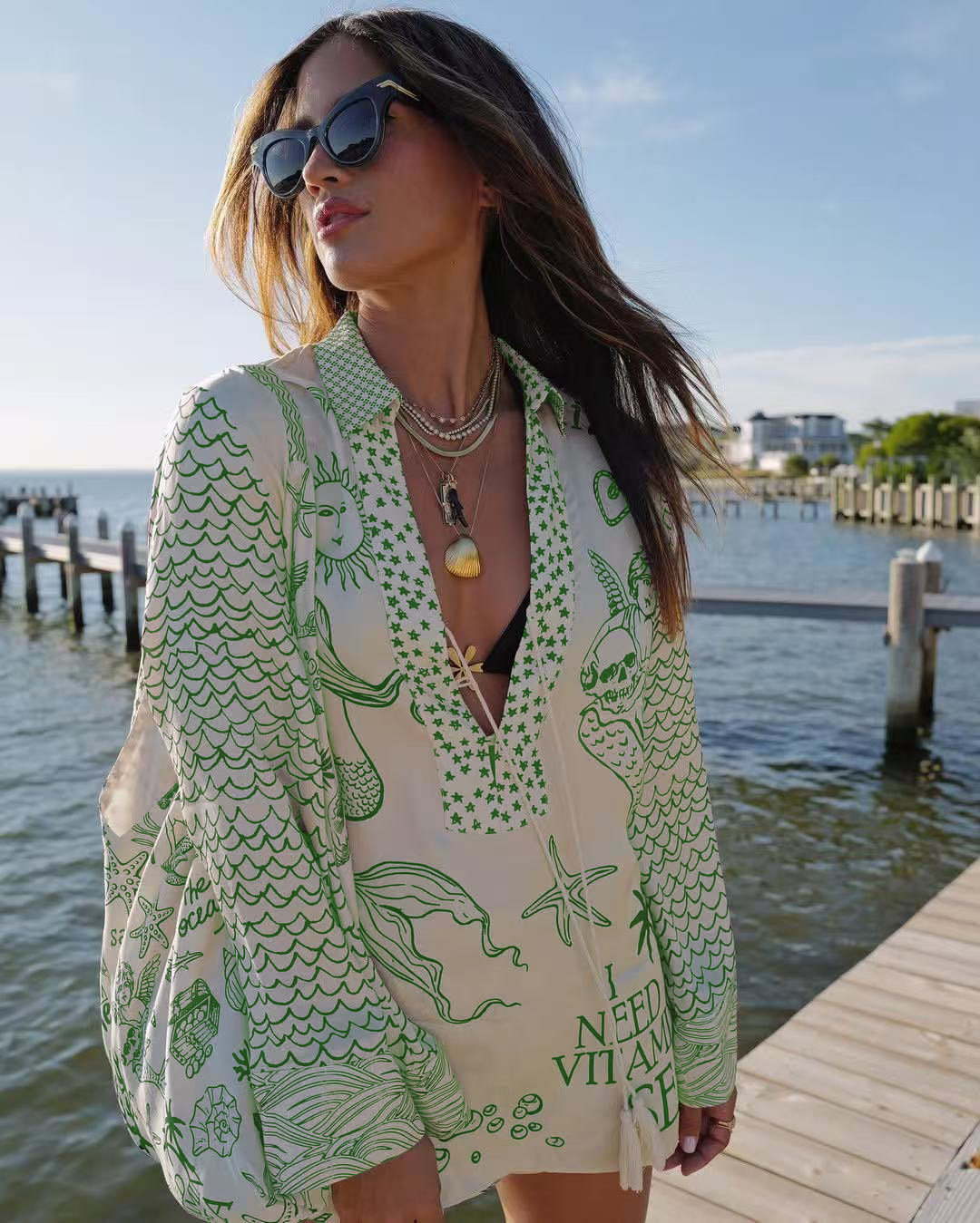 Ladies' Wealthy Satin Unique Printed Tassel Shirt and Elastic Waist Shorts Set | Consonak