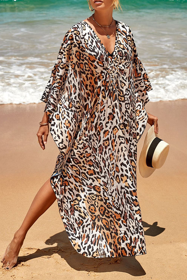 Simple Unique Printed Pleated Front Slit Cover Up-consonak