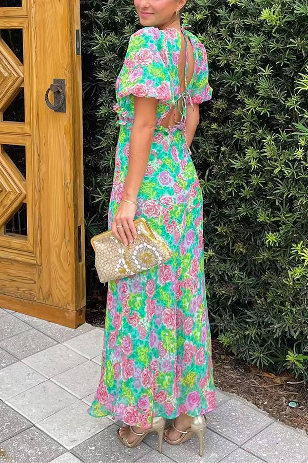 Floral Print V-neck Puff Sleeve Open-back Maxi Dress-consonak