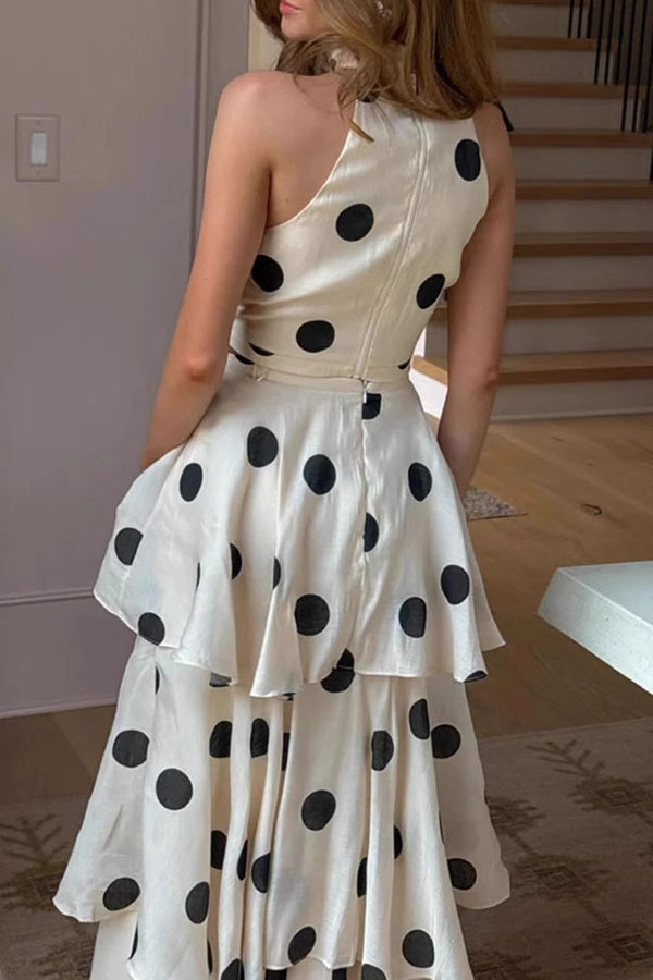Gift To You Polka Dot Print High Neck Sleeveless Top and Layered Hem Maxi Skirt Set-consonak