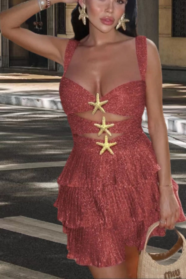 Little Mermaid Glitter Fabric Metal Starfish Hollow Layered Stretch One-piece Swimsuit-consonak