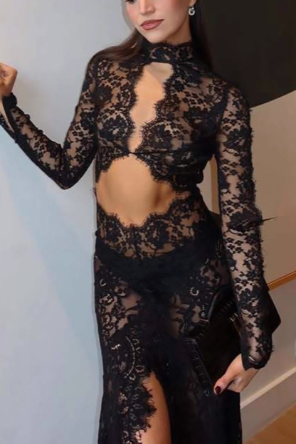 Dark Night Charm Sheer Lace Cutout Long Sleeve Stretch Maxi Dress-consonak