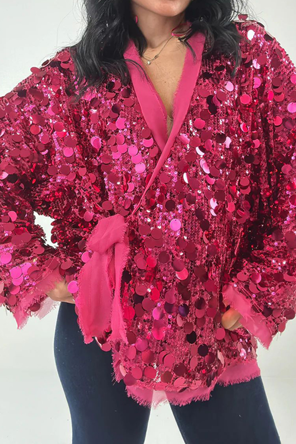 Fashion Sequined Long-sleeved V-neck Loose Lace-up Cardigan-consonak