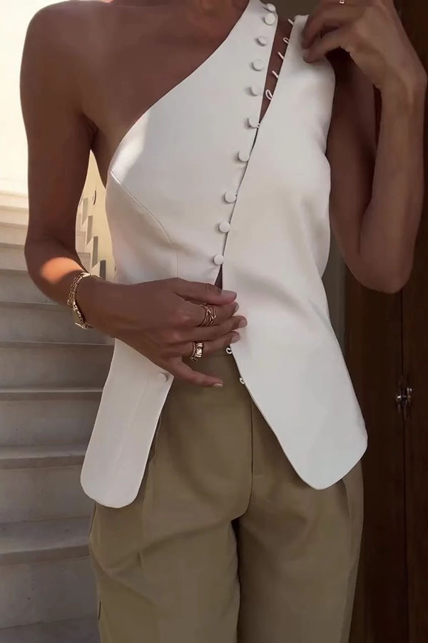 Full of Design Solid Color One Shoulder Asymmetric Slit Button Casual Vest-consonak
