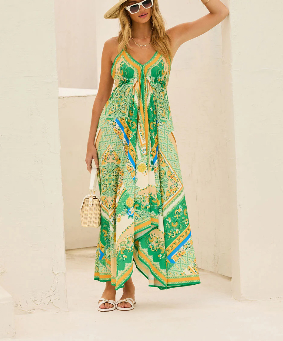 Ladies Strapless V-neck Women's Beach Halter Backless Printed Fairy Long Temperament Dresses Swing Dresses-consonak