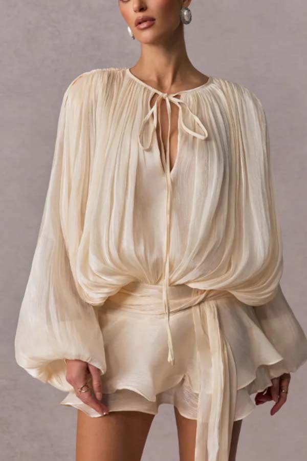 Ninah Glitter Fabric Pleated Balloon Sleeve Tiered Ruffle Hem Mini Dress-consonak