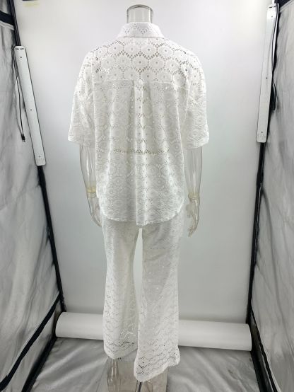 Holiday Crochet Flowers Lace Short Sleeve Shirt and Elastic Waist Wide Leg Pants Set-consonak