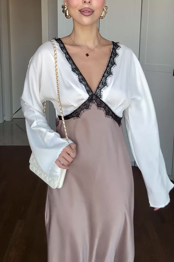 Lainei Contrast Color Satin Lace Trim V-neck Long Sleeve Maxi Dress-consonak