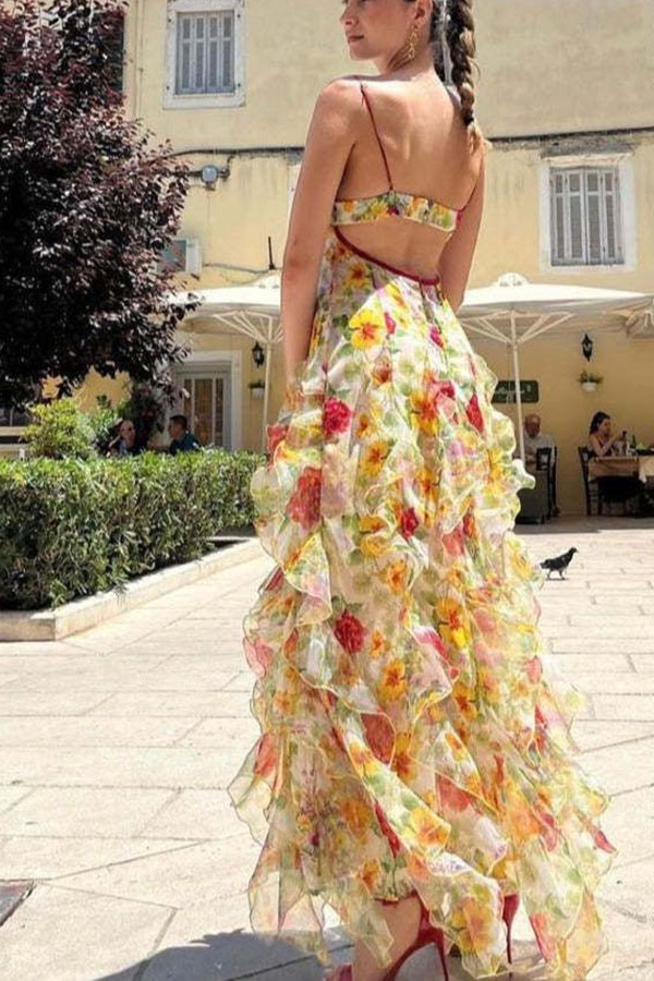 Millie | Floral Ruffle Long Skirt Women's Fashion Chiffon Printed Fairy Style Long Style Evening Dress Coupon-consonak