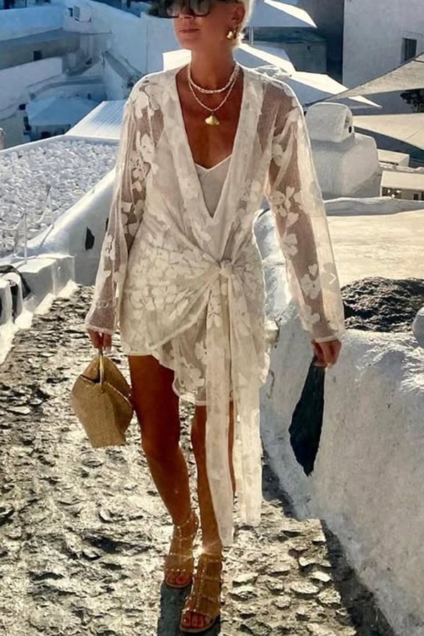 Beach Elegance Floral Lace Long Sleeve Wrap Tie-up Vacation Mini Dress-consonak