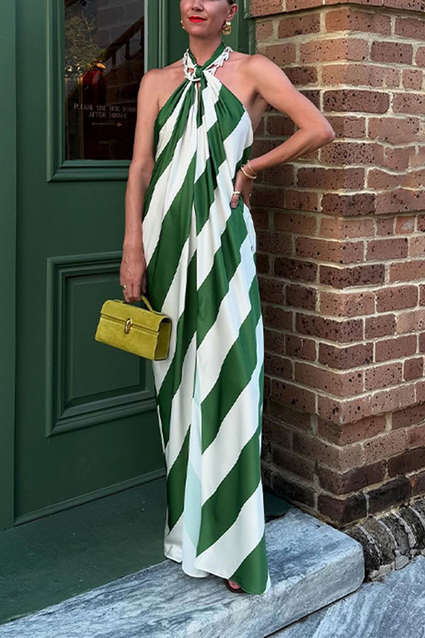 Most Dreamy Stripe Print Halter Tie-up Backless Pocket Loose Maxi Dress | Consonak