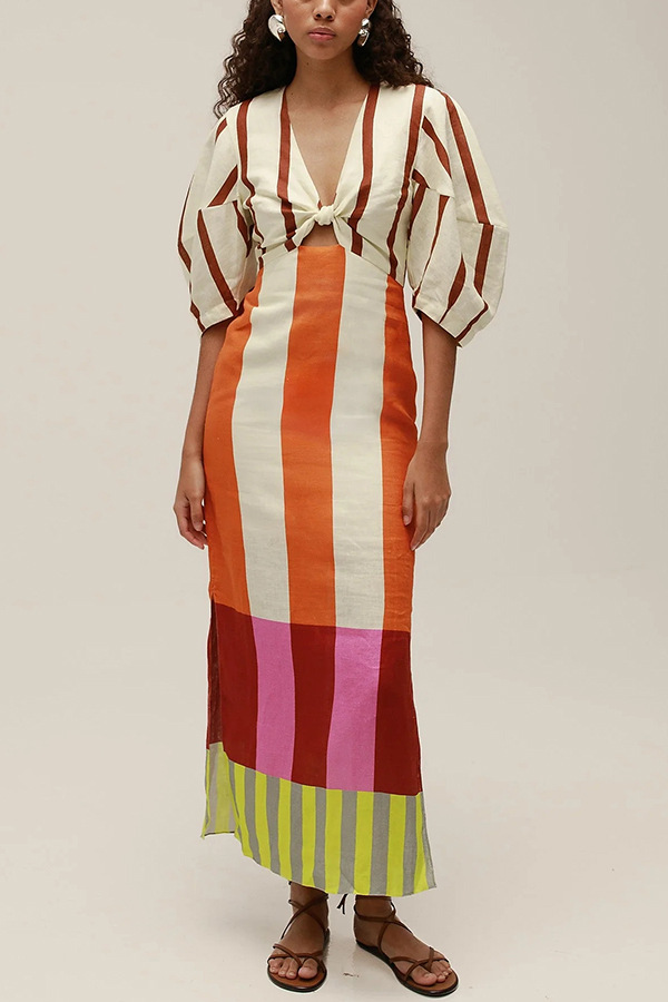 Kaya Linen Blend Color Block Print Front Cutout Knot Puff Sleeve Maxi Dress | Consonak