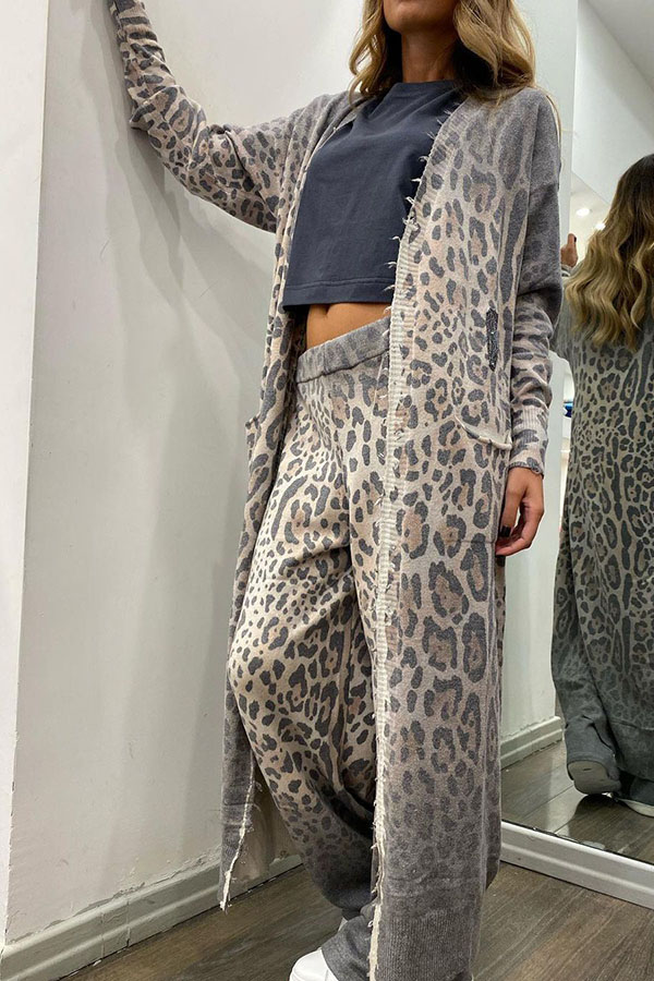 Comfort first Leopard Print Pocket Long Sleeve Cardigan Elastic Waist Pants Set-consonak