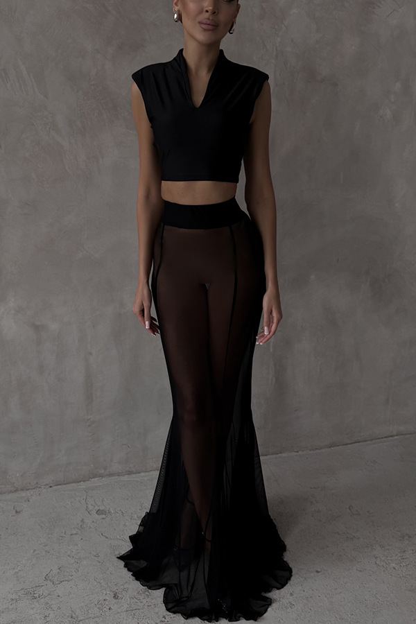 French summer chiffon fish tail eternal mesh high waisted elastic fish tail long skirt-consonak