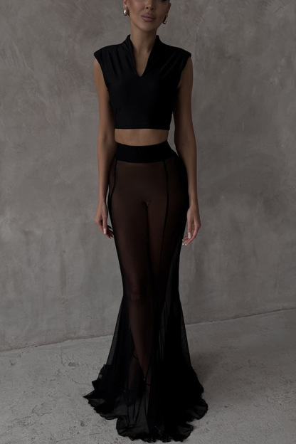 French summer chiffon fish tail eternal mesh high waisted elastic fish tail long skirt-consonak