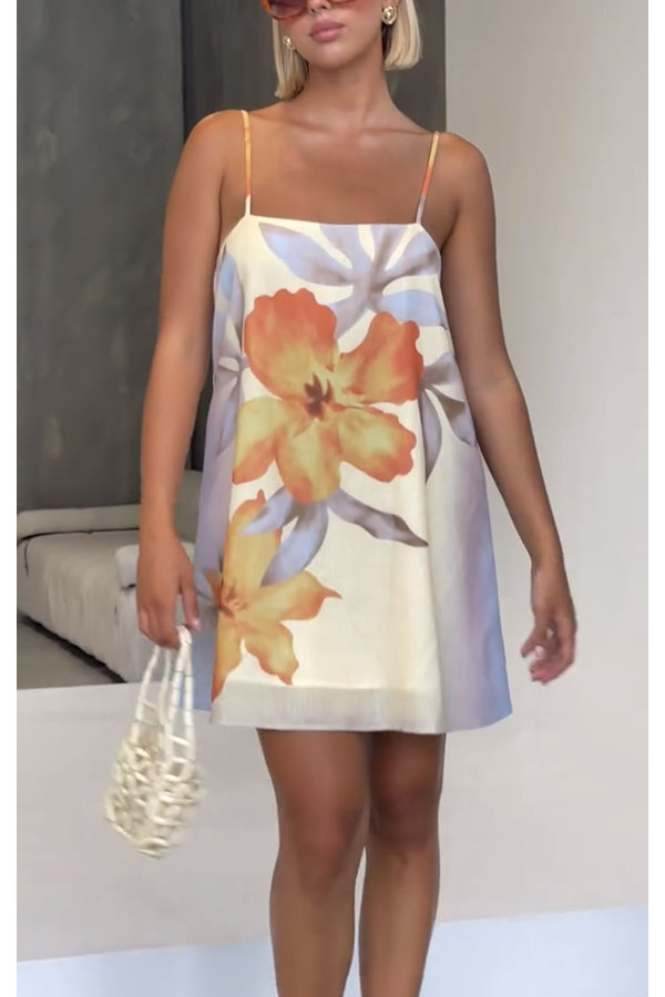 Summer Surprise Linen Blend Floral Print Slip H-line Mini Dress-consonak