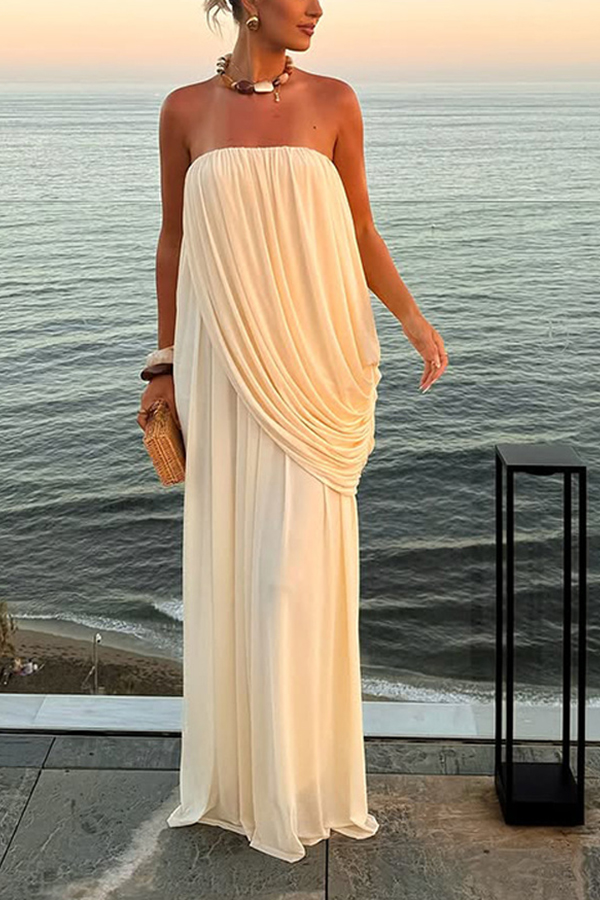 Solid Color Sleeveless Off-shoulder Draped Loose-fitting Holiday Maxi Dress-consonak