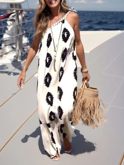 Light luxury style, abundant sunshine, ethnic beach, ocean soaring, printed one shoulder loose long skirt-consonak